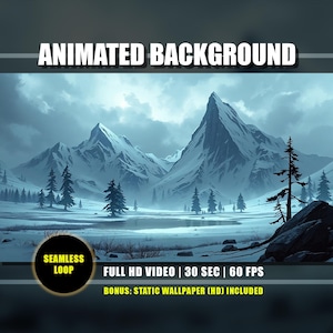 Op de afbeelding: Een geanimeerde achtergrondafbeelding met een besneeuwd berglandschap onder een bewolkte hemel. De afbeelding bevat tekst met "ANIMATED BACKGROUND", "SEAMLESS LOOP" en videospecificaties. Een bonus statische wallpaper is ook inbegrepen.