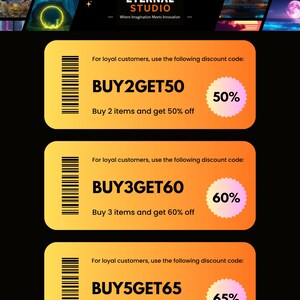 Może przedstawiać: Grafika promocyjna z logo Eternal Studio i kodami rabatowymi. Kody to BUY2GET50 na 50% zniżki, BUY3GET60 na 60% zniżki i BUY5GET65 na 65% zniżki. Tło czarne z grafiką fantasy.