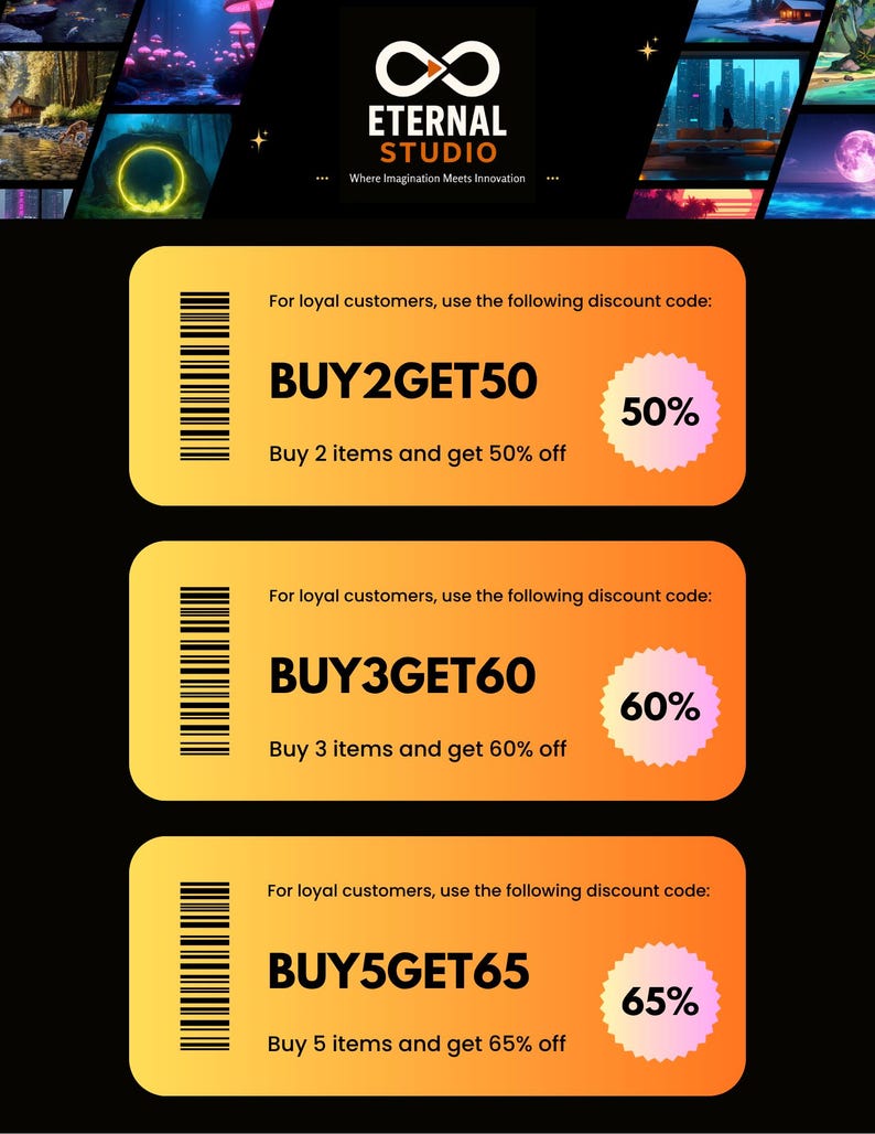 Może przedstawiać: Grafika promocyjna z logo Eternal Studio i kodami rabatowymi. Kody to BUY2GET50 na 50% zniżki, BUY3GET60 na 60% zniżki i BUY5GET65 na 65% zniżki. Tło czarne z grafiką fantasy.