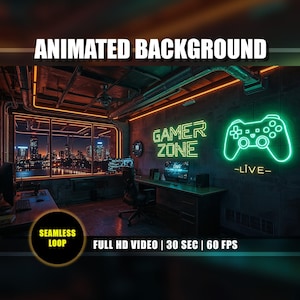 May include: An animated background for a gaming setup. The image shows a room with neon green and orange lighting, a cityscape view, and the words "GAMER ZONE" and "-LIVE-". The words "ANIMATED BACKGROUND", "SEAMLESS LOOP", and "FULL HD VIDEO | 30 SEC | 60 FPS" are also visible.