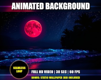Animated Background - Moonlight Tropical Beach | Red Moon Night Ocean Neon Blue Pink Waves Environment | Youtube Twitch Vtuber Stream | Loop