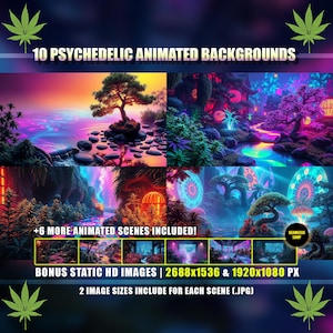 May include: A digital art graphic with the text "10 PSYCHEDELIC ANIMATED BACKGROUNDS". The image showcases vibrant, colorful scenes with fantastical landscapes, including bonus static HD images in 2688x1536 and 1920x1080 px. Includes +6 more animated scenes.