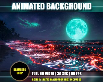 Tropical Beach Animated Background – Red Spotted Bioluminescent Waves, Blue Moonlight Night Sky (Digital Download)
