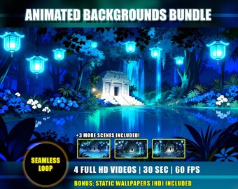 Animated Background Bundle - Secret Ancient Ruin | 4 Twitch Vtuber Overlays | Blue Jungle Temple, Lantern, Peaceful Nature Waterfall