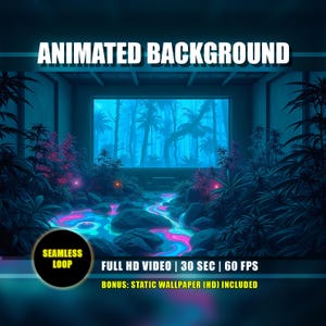 Puede incluir: Un fondo animado con un paisaje surrealista iluminado con neón. La escena presenta un río brillante, plantas exuberantes y una vista de un bosque. El texto incluye "ANIMATED BACKGROUND", "SEAMLESS LOOP" y especificaciones de video.