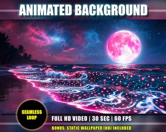 Tropical Beach Animated Background – Pink Spotted Bioluminescent Waves, Moonlight Night Sky (Digital Download)