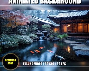 Op de afbeelding: Een geanimeerde achtergrond met een Japanse tuin met een vijver, koi-vissen en een traditioneel gebouw. De tekst "ANIMATED BACKGROUND" staat bovenaan. De video is Full HD, 30 seconden en 60 FPS.