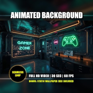 May include: A futuristic gaming room with neon green and orange lighting. The words "ANIMATED BACKGROUND" are at the top. The room features a "GAMER ZONE" sign, a controller graphic, and the text "FULL HD VIDEO | 30 SEC | 60 FPS".