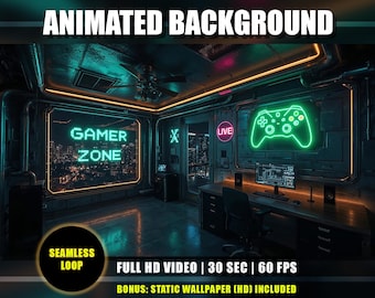 Animowane tło, Cyberpunk Gamer Zone Room, Neon Game Controller, Cityscape, Konfiguracja gry wideo, Twitch Youtube Vtuber Stream Loop Video