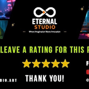 Może przedstawiać: Czarne tło z logo Eternal Studio i tekstem "Where Imagination Meets Innovation". Obraz zawiera tekst "PLEASE LEAVE A RATING FOR THIS PRODUCT", pięć złotych gwiazd i ikony medi&oacute;w społecznościowych.