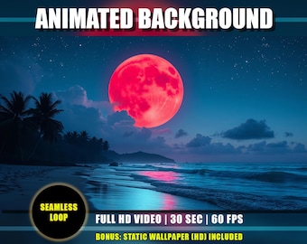 Animated Background - Moonlight Tropical Beach | Magical Night Red Moon Blue Waves Environment | Youtube Twitch Vtuber Stream HD Loop Video