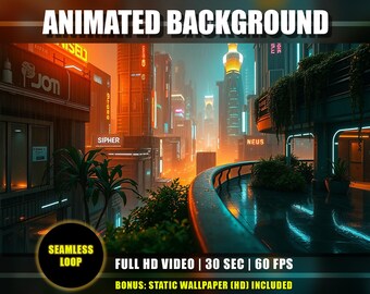 Animated Background - Sci-Fi Cityscape | Rainy Cyberpunk City Neon Lights | Vtuber YouTube Twitch Overlay