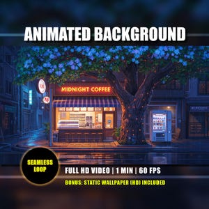 Fondo animado - Café japonés Midnight Coffee con coches, lluvia, árbol de flores azules, transmisión de Twitch, superposición de transmisión de Vtuber.