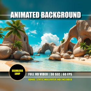 Puede incluir: Imagen de fondo animada de una escena de playa tropical con agua azul clara, orillas arenosas y formaciones rocosas. El texto "ANIMATED BACKGROUND" está en la parte superior. La imagen incluye el texto "SEAMLESS LOOP", "FULL HD VIDEO | 30 SEC | 60 FPS" y "BONUS: STATIC WALLPAPER (HD) INCLUDED".