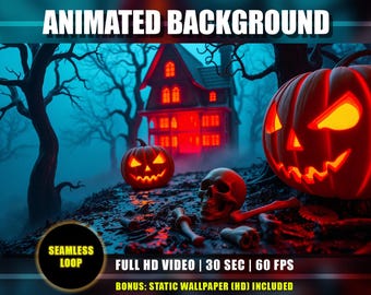 Halloween Animated Background - Spooky Haunted House Night, Pumpkins, Skull and Bones Live Wallpaper Stream Overlay | Twitch YouTube VTuber