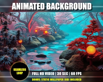 Op de afbeelding: Een geanimeerde achtergrond met een serene Japanse tuin met een rivier, bomen en gloeiende bollen. De tekst luidt "ANIMATED BACKGROUND", "SEAMLESS LOOP", "FULL HD VIDEO | 30 SEC | 60 FPS" en "BONUS: STATIC WALLPAPER (HD) INCLUDED".