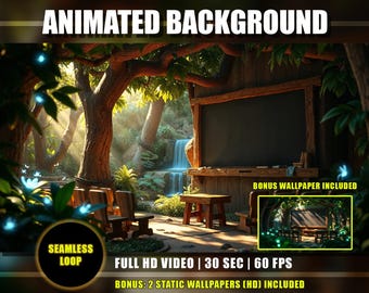 Animated Background - Classroom Forest 04 | Magical Neon Blue Flowers Jungle Waterfall School Live Wallpaper Loop for VTuber YouTube Twitch