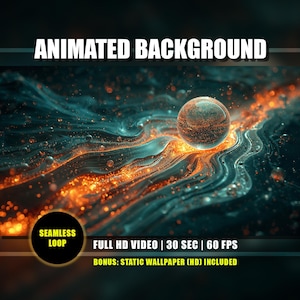 May include: An abstract digital art piece with the text "ANIMATED BACKGROUND". The image features a swirling teal and orange design with a transparent sphere in the center. Additional text includes "SEAMLESS LOOP", "FULL HD VIDEO | 30 SEC | 60 FPS", and "BONUS: STATIC WALLPAPER (HD) INCLUDED".