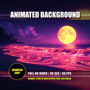 Op de afbeelding: Een digitale kunstscène van een strand 's nachts met een grote gele maan. De golven zijn felroze en de lucht is dieppaars. Tekst op de afbeelding luidt "ANIMATED BACKGROUND", "SEAMLESS LOOP" en "FULL HD VIDEO | 30 SEC | 60 FPS".