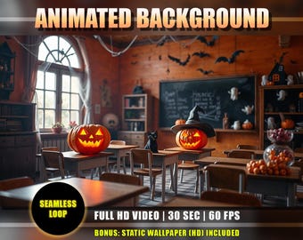 Animated Background - Classroom Halloween 01 | Spooky Jack-O-Lantern Black Cat Haunted School Live Wallpaper Loop for VTuber YouTube Twitch