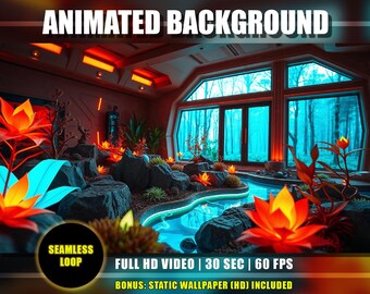 Animated Background - Botanical Garden Pond | Neon Orange Flowers | Twitch YouTube VTuber Overlay