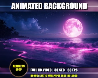 Animated Background - Moonlight Tropical Beach | Magical Neon Pink Waves | Nighttime Ocean Environment | Youtube Twitch Vtuber Stream Loop