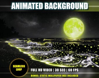 Animated Background - Moonlight Tropical Beach | Neon Green White Spotted Bioluminescent Waves Ocean | Twitch Vtuber Youtube