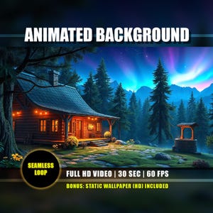 Animated Background - Cozy Cabin, Enchanted Aurora Night Forest, Relaxing Cottage Live Wallpaper | Vtuber Twitch Youtube Overlay Loop