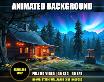 Fundo animado - Cabana aconchegante, Floresta noturna encantada com aurora boreal, Papel de parede animado relaxante para chalé | Loop de sobreposição para Vtuber, Twitch e YouTube