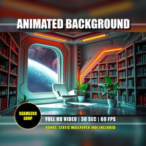 Puede incluir: Imagen de fondo animada de una biblioteca futurista con estanterías, una silla blanca y una gran ventana con vistas a un planeta. La imagen incluye el texto "ANIMATED BACKGROUND", "SEAMLESS LOOP" y especificaciones de vídeo.