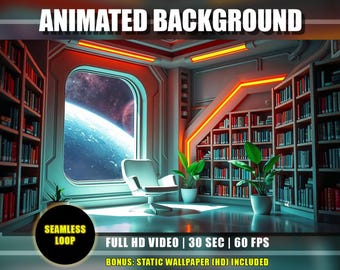 Animated Background | Space Station Library | Planet View & Neon Lit Study | Cosmic Lo-fi Vtuber Youtube Twitch Stream Overlay