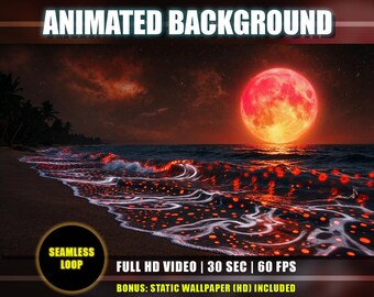Animated Tropical Beach Background – Red Spotted Bioluminescent Waves, Moonlight Sky (Twitch, Vtuber, Youtube)