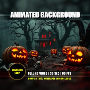 Może przedstawiać: Animowane tło w stylu Halloween z świecącymi dyniami, czaszkami i nawiedzonym domem. Obraz zawiera tekst "ANIMATED BACKGROUND", "SEAMLESS LOOP", "FULL HD VIDEO | 30 SEC | 60 FPS" i "BONUS: STATIC WALLPAPER (HD) INCLUDED".