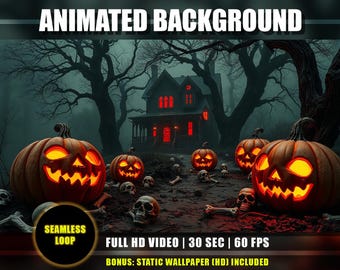 Halloween Animated Background - Spooky Haunted House Night with Pumpkins and Skulls Live Wallpaper | Twitch YouTube VTuber Stream Overlay
