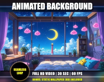 Enchanted Bedroom Animated Background – Cozy Lofi Moonlight Lighthouse, Twitch Stream Vtuber Overlay (Digital Download)