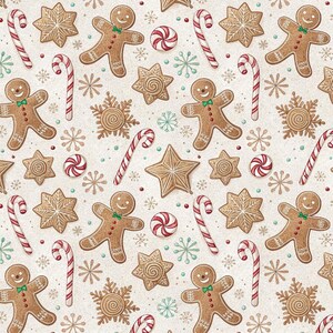 May include: A repeating pattern of gingerbread men, star-shaped cookies, snowflakes, and candy canes on a cream-colored background. The gingerbread men have green bow ties, and the candy canes are red and white.
