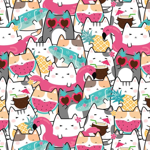 Colorful Summer Cats Cotton Fabric By Half Yard| 55" Wide | DIY Sewing, Quilting, Crafts