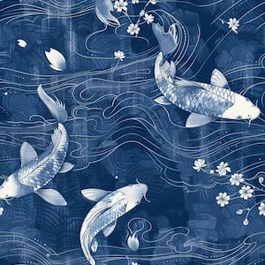 Può includere: Un motivo in tessuto senza cuciture che raffigura pesci koi bianchi che nuotano in acqua blu scuro con linee ondulate fluide e fiori di ciliegio bianchi sparsi. Il design utilizza una tavolozza di colori monocromatica blu e bianca.