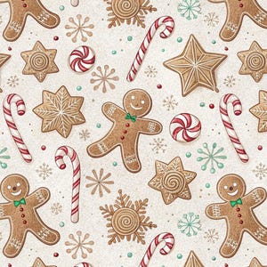 Puede incluir: Un patrón festivo con hombres de jengibre, galletas en forma de estrella, bastones de caramelo y caramelos de menta. El diseño incluye copos de nieve y elementos decorativos en tonos marrón, rojo, verde y blanco, ideal para productos navideños.