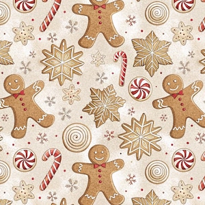 May include: A festive pattern featuring gingerbread men, snowflake and star-shaped cookies, candy canes, and red and white swirl candies. The design has a light beige background with small red dots and snowflakes.