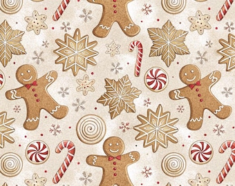May include: A festive pattern featuring gingerbread men, snowflake and star-shaped cookies, candy canes, and red and white swirl candies. The design has a light beige background with small red dots and snowflakes.