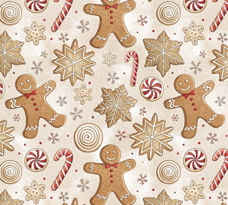 Peut inclure: Un motif festif avec des bonhommes en pain d'&eacute;pices, des biscuits en forme de flocons de neige et d'&eacute;toiles, des cannes en sucre et des bonbons tourbillonnants rouges et blancs. Le motif a un fond beige clair avec de petits points rouges et des flocons de neige.