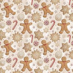 Peut inclure: Motif r&eacute;p&eacute;t&eacute; de bonhommes en pain d'&eacute;pices, flocons de neige, cannes en sucre et bonbons en spirale sur fond beige. Les bonhommes en pain d'&eacute;pices ont des n&oelig;uds papillon rouges. Les bonbons sont rouges et blancs. Les flocons de neige sont en forme d'&eacute;toile.