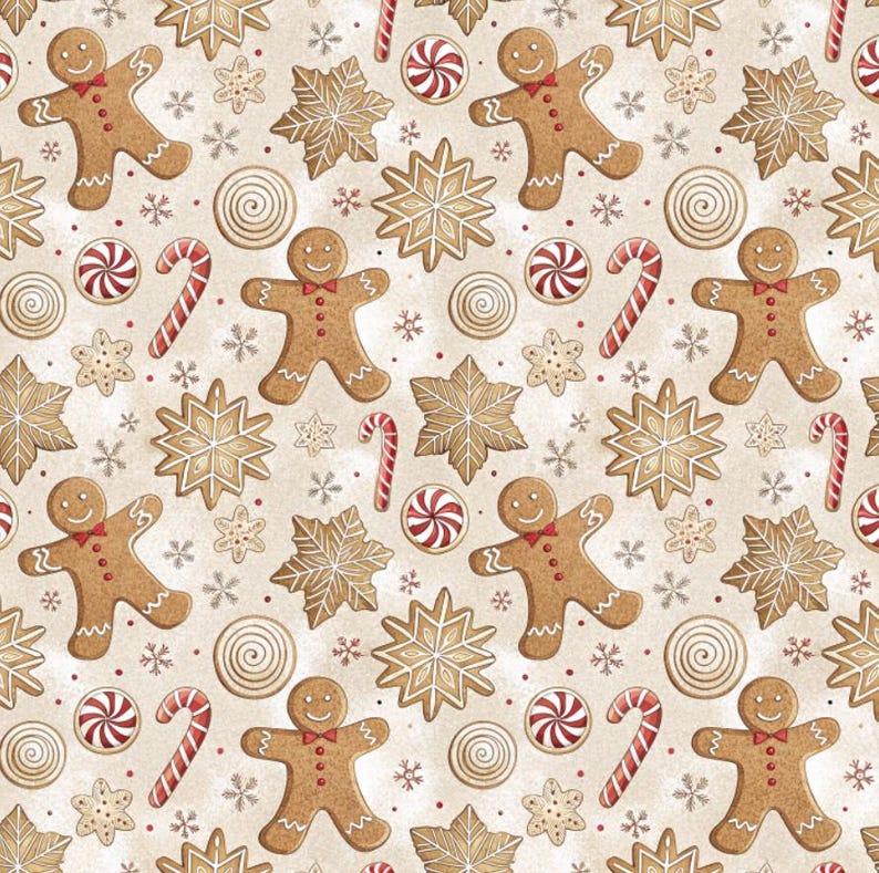 Peut inclure: Motif r&eacute;p&eacute;t&eacute; de bonhommes en pain d'&eacute;pices, flocons de neige, cannes en sucre et bonbons en spirale sur fond beige. Les bonhommes en pain d'&eacute;pices ont des n&oelig;uds papillon rouges. Les bonbons sont rouges et blancs. Les flocons de neige sont en forme d'&eacute;toile.