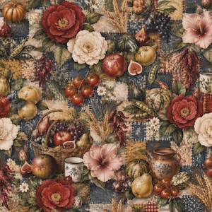 May include: A fabric pattern featuring a patchwork background of blue and yellow squares overlaid with illustrations of red and white flowers, pumpkins, grapes, apples, pears, figs, wheat stalks, and a woven basket containing fruit and a small mug.