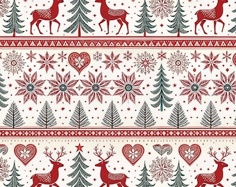 May include: A fabric pattern featuring repeating horizontal bands of red deer, green pine trees, red hearts, and white snowflakes on a cream background. The design includes intricate geometric borders and star accents throughout the textile.