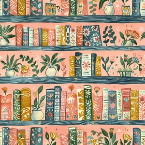Pode incluir: Um padrão repetitivo de estantes sobre um fundo suave cor de pêssego. As prateleiras azul-escuras contêm vários livros com desenhos florais e geométricos coloridos, intercalados com plantas em vasos e pequenos ramos verdes.