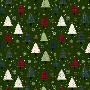 Op de afbeelding: Een herhalend patroon met kerstbomen in wit, rood, groen en blauwgroen op een donkergroene achtergrond. De bomen zijn versierd met sterren en sneeuwvlokken. Dit feestelijke ontwerp is ideaal voor artikelen met een vakantiethema, met afmetingen in cm.