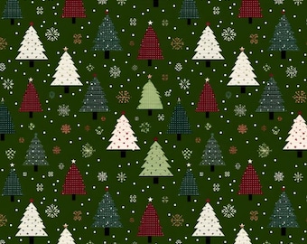 May include: A repeating pattern of Christmas trees in various colors, including white, red, green, and dark teal, set against a dark green background. The trees are decorated with stars and snowflakes. The design is festive and suitable for holiday-themed products.