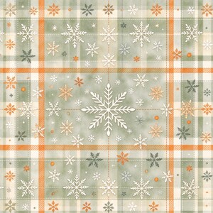 May include: A patterned fabric featuring a plaid design in shades of sage green, cream, and orange. The surface is decorated with a repeating motif of white, orange, and dark green snowflakes of varying sizes scattered across the grid.